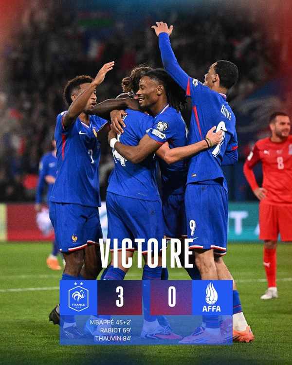 世预赛:法国3-0阿塞拜疆三连胜 姆巴佩个人秀+传射+伤退