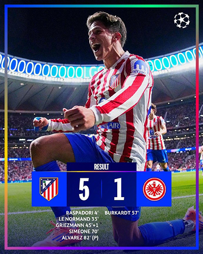 欧冠:马竞5-1法兰克福 小蜘蛛1球2助格子200球里程碑+造点