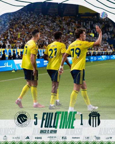 沙特联：利雅得胜利5-1利雅得体育 C罗双响 菲利克斯2射1传