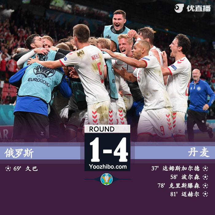 丹麦4-1俄罗斯 波尔森破门克里斯滕森建功