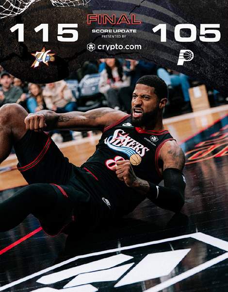 76人115-105步行者,恩比德39分+18罚,乔治23+6+5