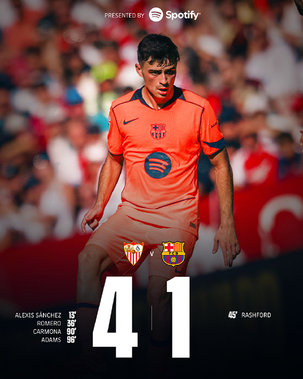 西甲:巴萨1-4塞维利亚 桑切斯弑旧主 拉什福德破门