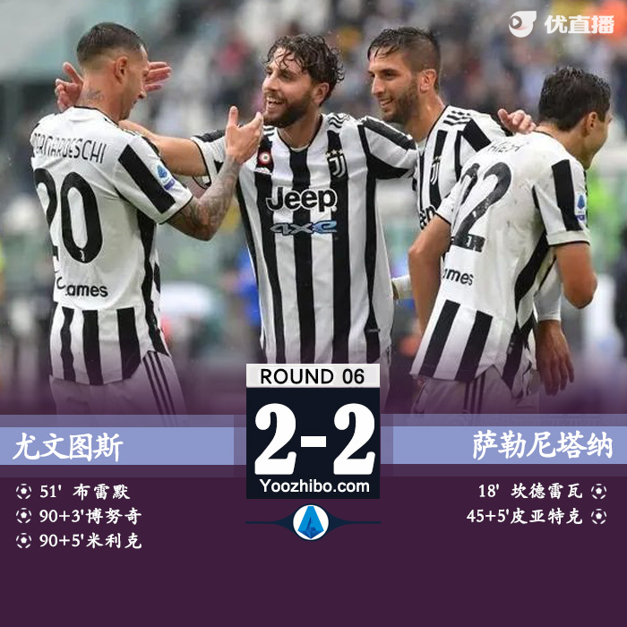 尤文2-2萨勒尼塔纳 米利克绝杀被吹博努奇布雷默破门