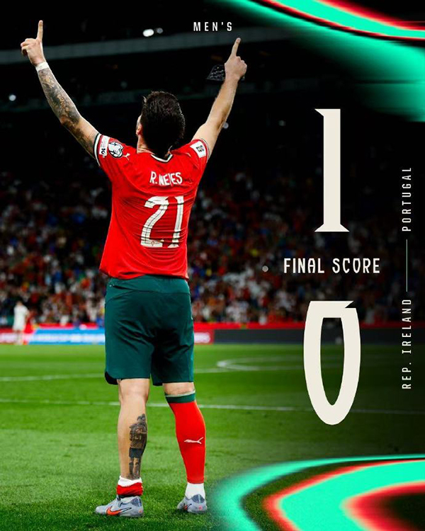 世预赛：葡萄牙1-0爱尔兰 C罗失点+中柱内维斯绝杀B席失空门