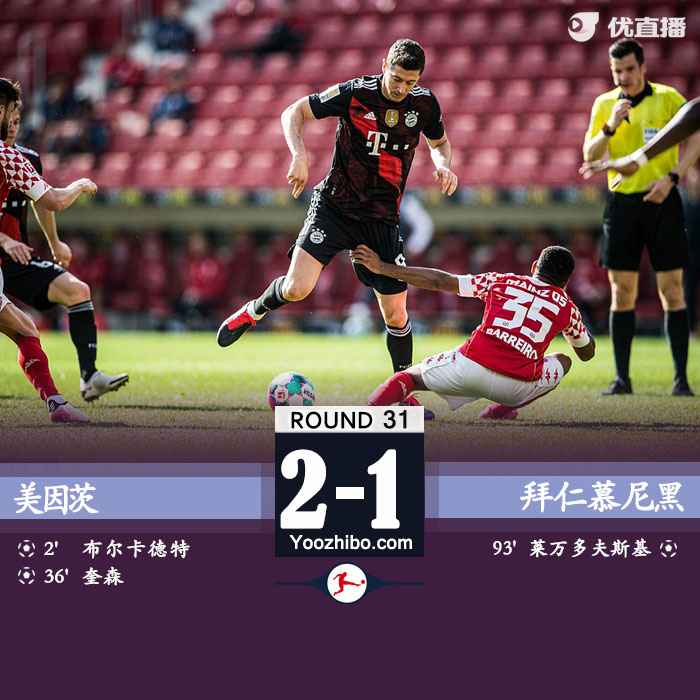 拜仁慕尼黑1-2美因茨 伯卡特闪击莱万补时破门
