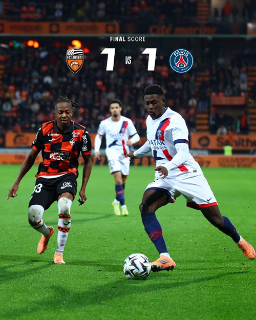 法甲:巴黎1-1洛里昂 门德斯破门杜埃伤退