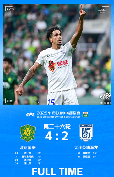 中超:北京国安4-2三杀大连英博,法比奥戴帽 塞鸟传射