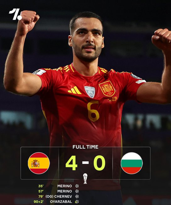 世预赛:西班牙4-0保加利亚四胜领跑 梅里诺双响+造点