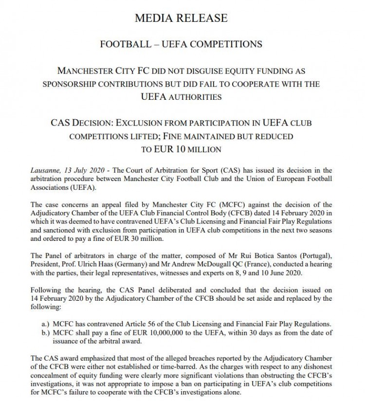 官方:曼城上诉成功 下赛季可继续参加欧战