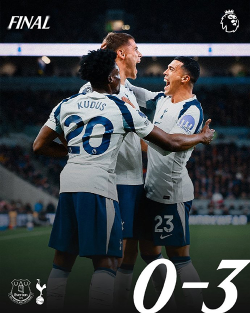 英超：热刺3-0埃弗顿 范德芬头球双响 本坦库尔+波罗献助攻