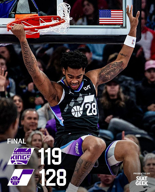 NBA杯-爵士128-119力克国王，威少16+12+14，拉文34分，乔治31分